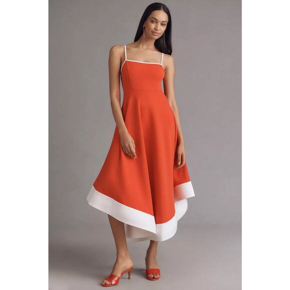 nwt ANTHROPOLOGIE MAEVE sz 2X A-line color block midi dress in red - Picture 2 of 4